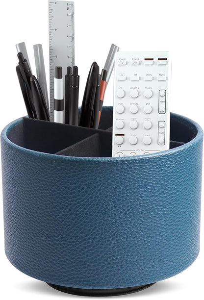 Round Leather Art Supply Organizer,Remote Control Holder,360 Degree Rotating,Multi-Functional Pencil Holder,4 Compartments Desktop Stationary Organizer(1-Blue Bird) - Colors B