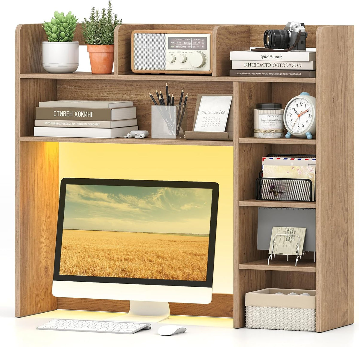 Desktop Bookshelf, Countertop Storage Hutch with 5 Shelves for Computer Desk, Desk 3-Tier Display Rack, Multipurpose Wood Desktop Hutch Storage Organizer for Dorm Office Home