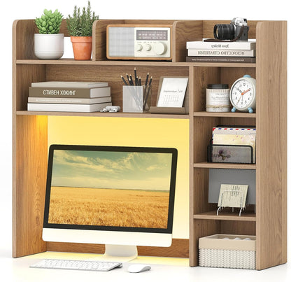 Desktop Bookshelf, Countertop Storage Hutch with 5 Shelves for Computer Desk, Desk 3-Tier Display Rack, Multipurpose Wood Desktop Hutch Storage Organizer for Dorm Office Home