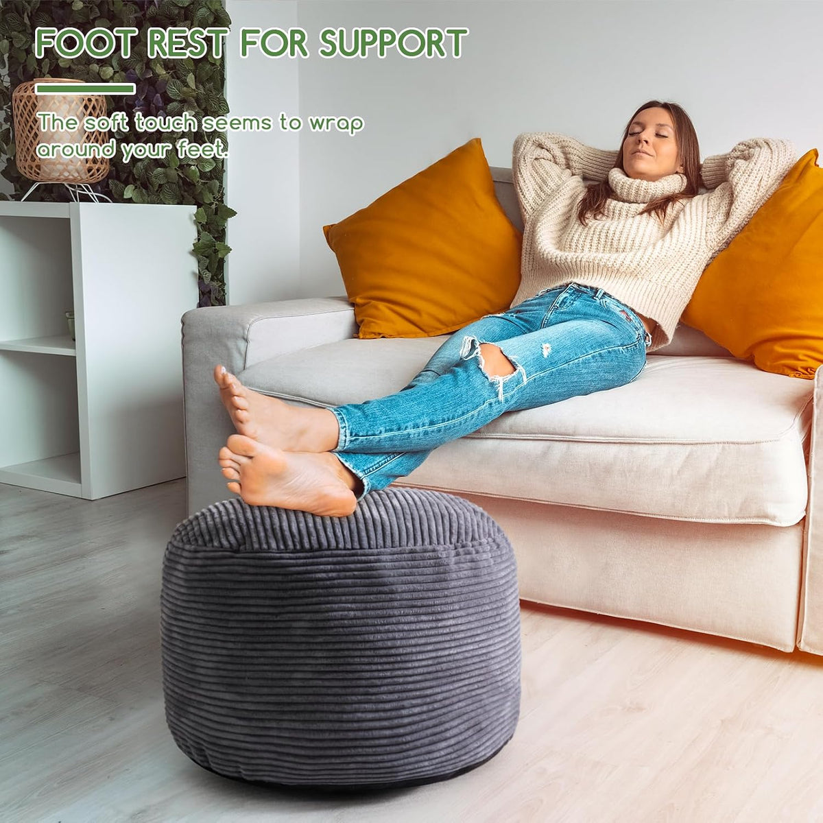 Round Stuffed Pouf Ottoman, Corduroy Poufs with Foam Chunk Filling, Furry and Fluffy Pouf Foot Stool Storage Ottoman, 20 X 15 Floor Poufs Foot Rest for Living Room, Dark Grey