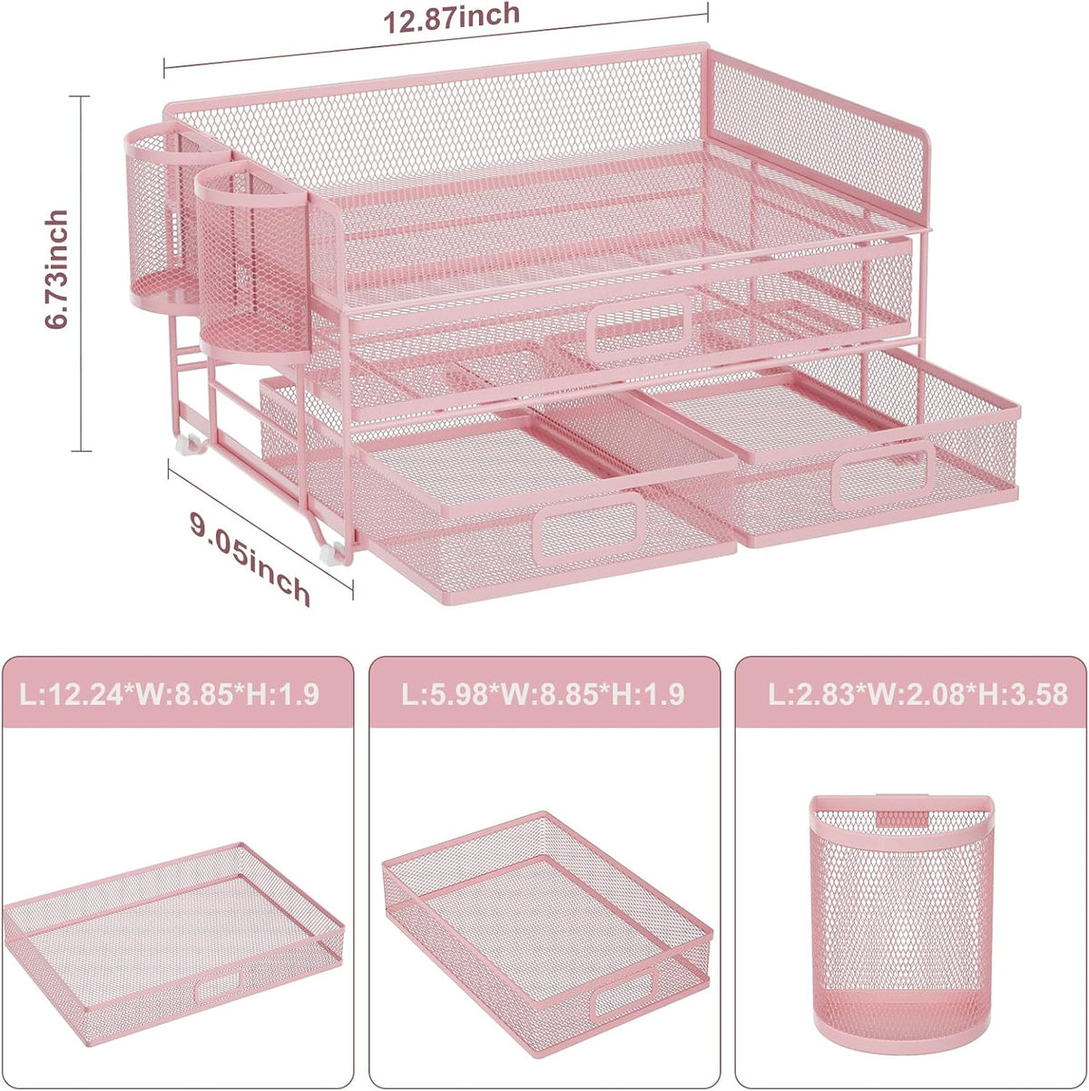 Marbrasse 3 Tier Mesh Desk Organizer with Drawer, Multi-Functional Desk Organizers and Accessories, Paper Letter Organizer with 2 Pen Holder for Home Office Supplies (Black)