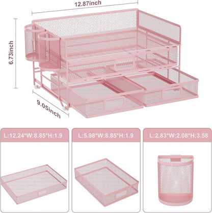 Marbrasse 3 Tier Mesh Desk Organizer with Drawer, Multi-Functional Desk Organizers and Accessories, Paper Letter Organizer with 2 Pen Holder for Home Office Supplies (Black)