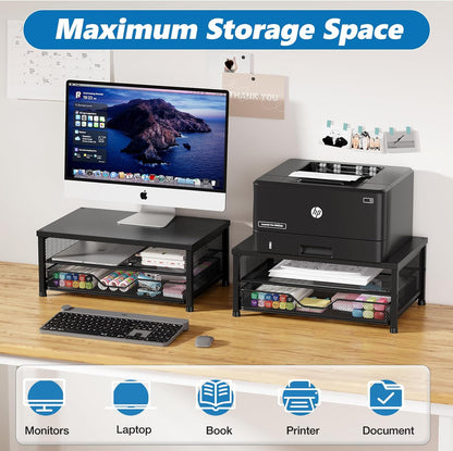 Desk Organizers and Accessories, Computer Monitor Stand Riser with Drawer and 2 Pen Holders, Printer & Laptop Stand, Office Desk Accessories & Workspace Organizers for Home Office Supplies, Black