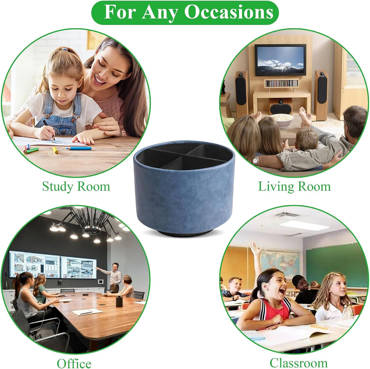 Round Leather Art Supply Organizer,Remote Control Holder,360 Degree Rotating,Multi-Functional Pencil Holder,4 Compartments Desktop Stationary Organizer(1-Blue Bird) - Colors B