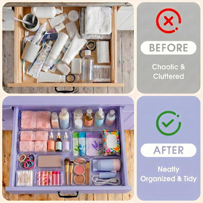Expandable Clear Drawer Organizer, 3-Size Extendable Drawer Divider, Adjustable Plastic Storage Box, Arcrylic Storage Bins for Makeup Vanity Drawer Dresser DIY Desk Office Kitchen Utensils