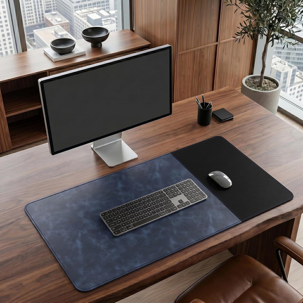 Cork Desk Mat 31.5"x15.7", Distressed PU Leather & Cloth Desk Pad
