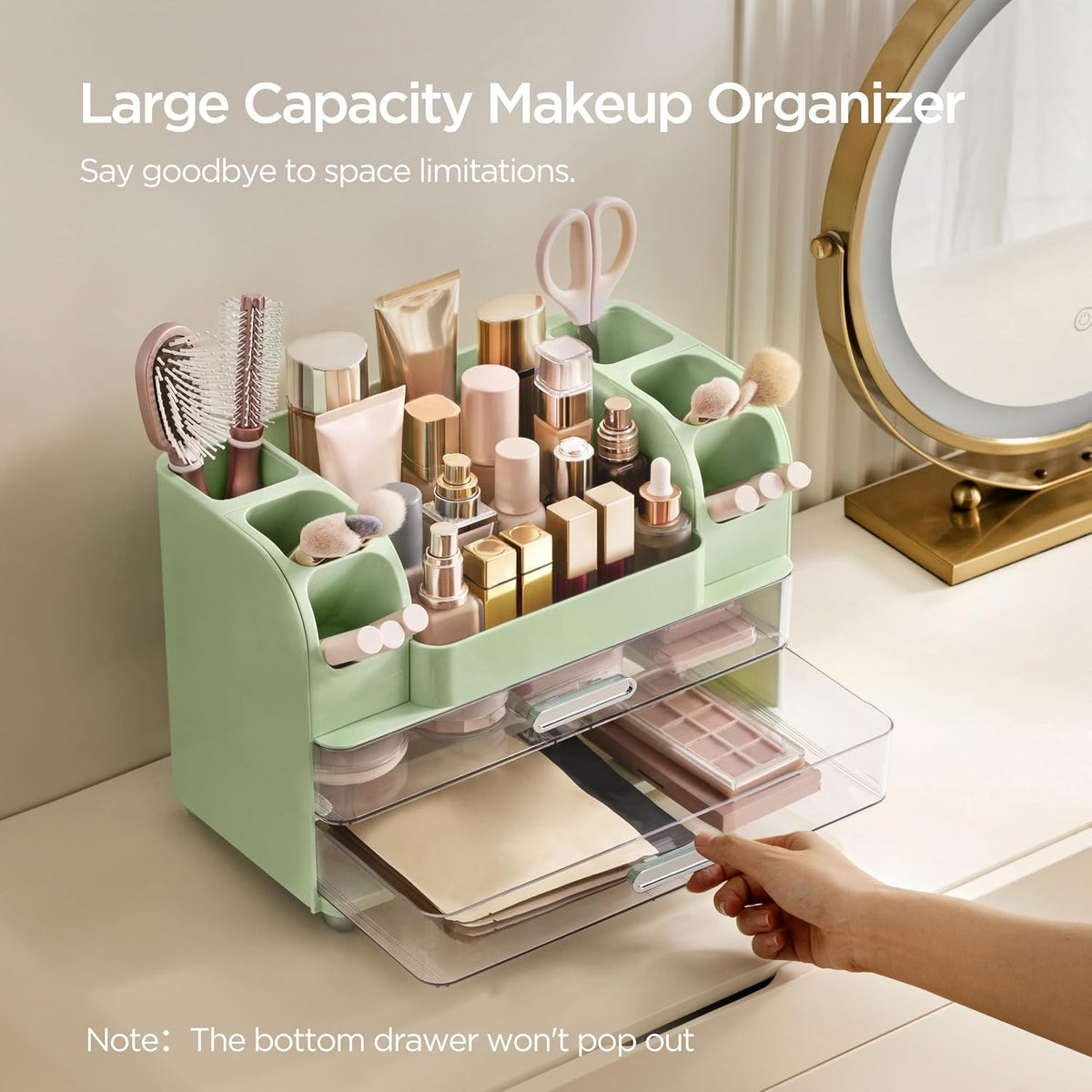 HBlife Makeup Organizer for Vanity with Brush Holder, Large Bathroom Countertop Cosmetic Organizer Skin Care Storage, Easy to Store Lipsticks, Nail Polishes, Perfumes, Eyeshadow Palettes, All White