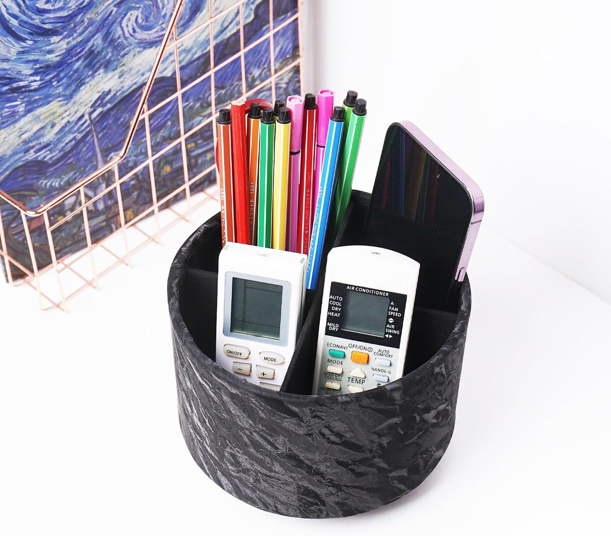 Round Leather Art Supply Organizer,Remote Control Holder,360 Degree Rotating,Multi-Functional Pencil Holder,4 Compartments Desktop Stationary Organizer(1-Blue Bird) - Colors C