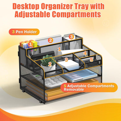 Docnest 5 Tier Mesh Desk Organizer for Paper Office Supplies – Multi-Functional Letter Tray with 5 Adjustable Compartments, 3 Pen Holders, Desktop Storage for Files, Mail, Stationery – Black