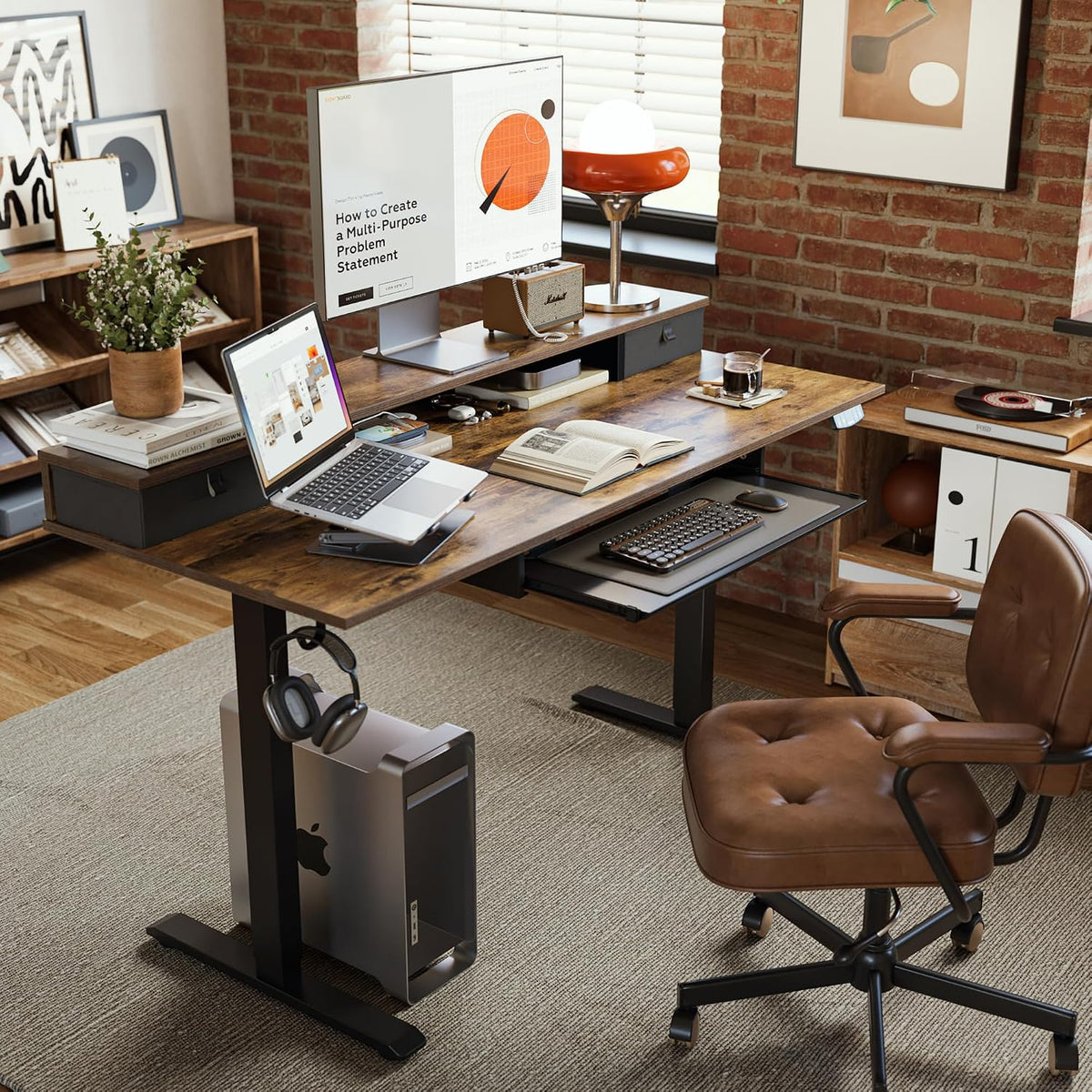 48 * 24 Inch Electric Standing Desk with Shelf & Led, Dark Walnut
