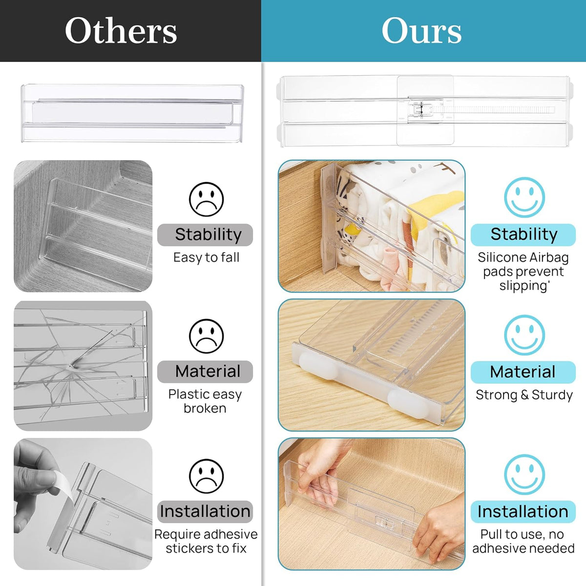 Vtopmart 8 Pack Shallow Drawer Dividers, 2.36" High 12.5"-20.8" Adjustable Expandable Kitchen Drawer Organizer, Clear Plastic Organizer Separators for Flatware, Utensil, Cutlery, Underwear, Clothes