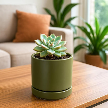 D'vine Dev 4.7 Inch Ceramic Planter Pot with Drainage Hole and Saucer, Indoor Cylinder Round Planter Pot, Teal, 94-O-B-9