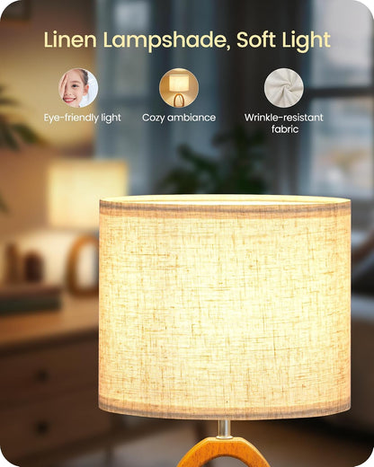 Small Table Lamp, 14.2" Cute Little Desk Lamp, Wood Bedside Lamp with Linen Lampshade, Modern Nightstand Lamp for Bedroom, E26 Base, Bulb Not Included, Beige and Dark Natural LE07TL05