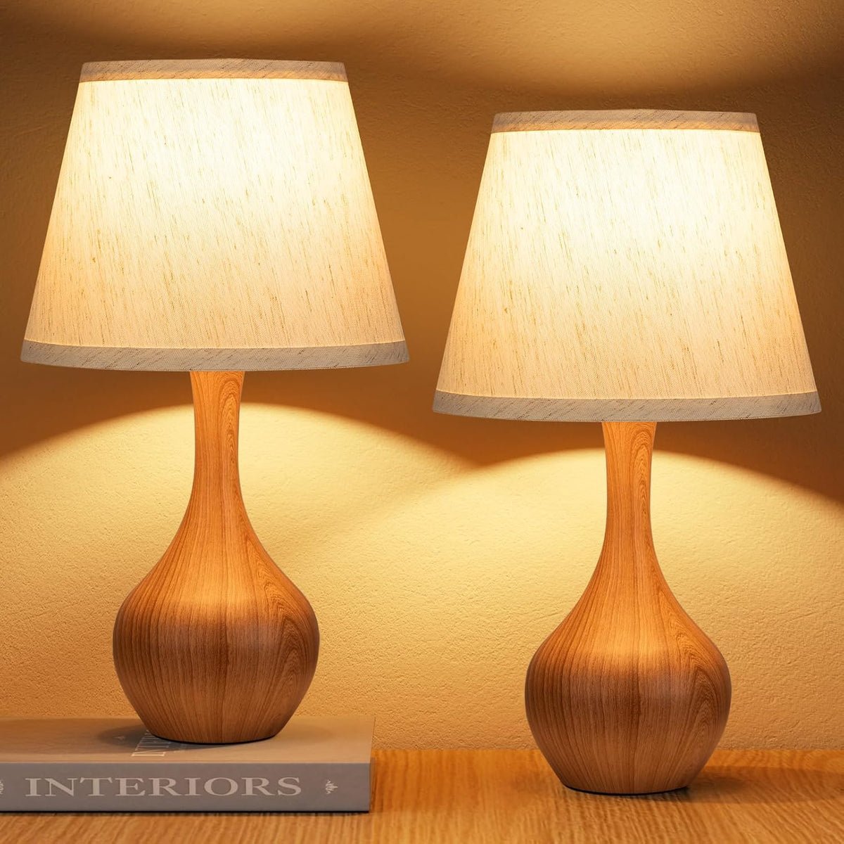 Seealle Touch Table Lamp for Bedroom, 3-Way Dimmable Small Bedside Lamps for Night Stands with Wires, Wood-Paint Desk Lamp for Kids Room, Office, Living Room, End Table(LED Bulb Included)