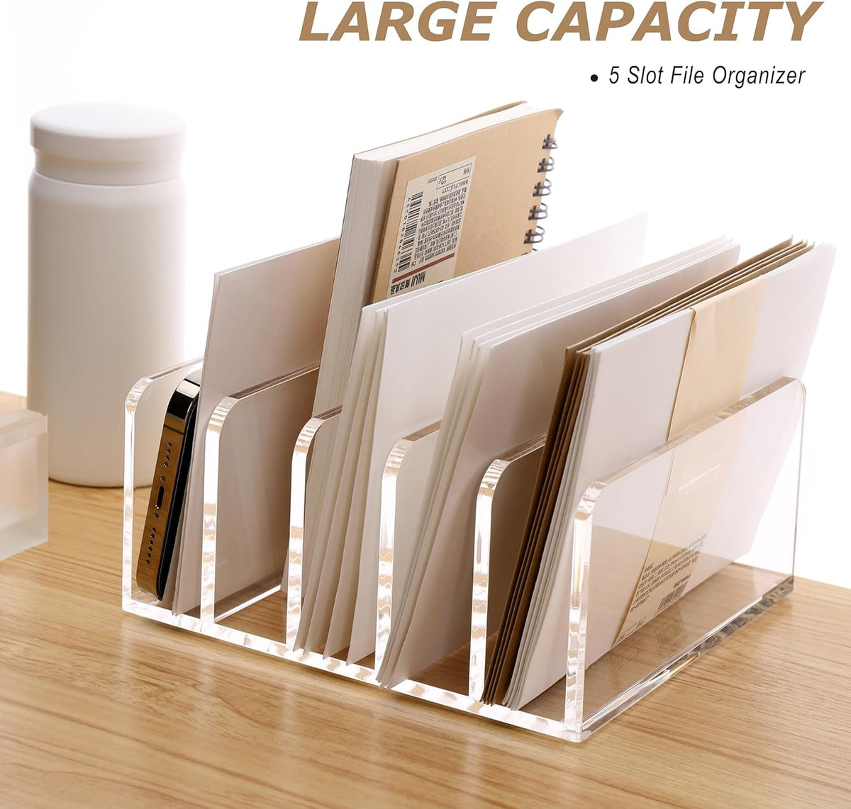 SANRUI Acrylic Mail Sorter Desktop Organizer Holder with Drawer, 5 Compartments Clear Small File Script Letter Document Storage for Desk Bill Filling Envelope Holder Office, Home, School Organization