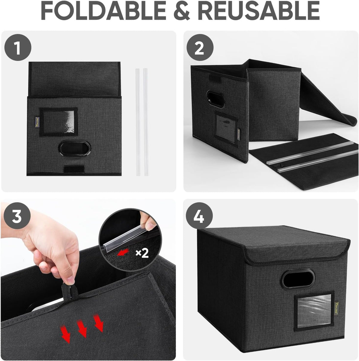 BALEINE File Organizer Box with Lid, Collapsible File Folder Organizer with Plastic Slide, Hanging File Folder Box for Office Document Storage (Black)