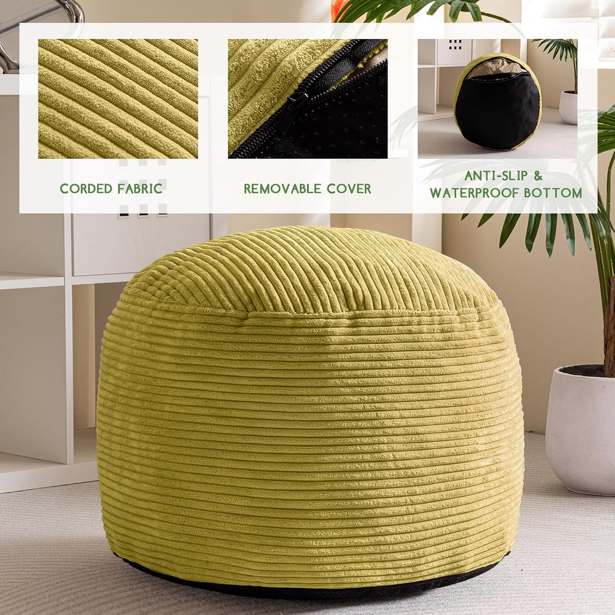 Round Stuffed Pouf Ottoman, Corduroy Poufs with Foam Chunk Filling, Furry and Fluffy Pouf Foot Stool Storage Ottoman, 20 X 15 Floor Poufs Foot Rest for Living Room, Dark Grey