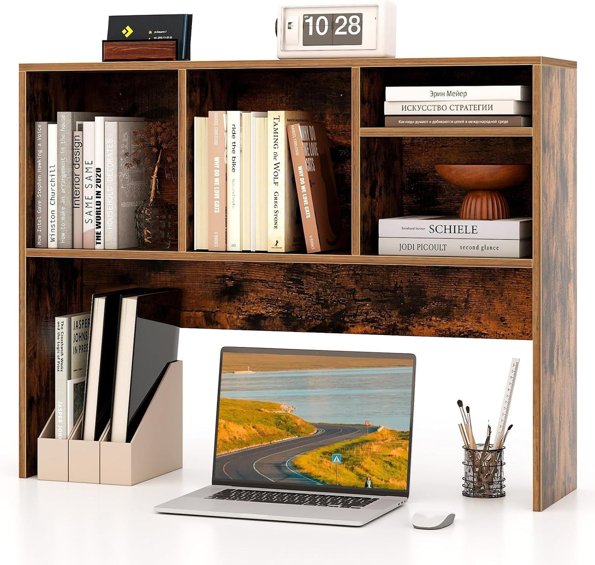 Desktop Bookshelf, Countertop Storage Hutch with 5 Shelves for Computer Desk, Desk 3-Tier Display Rack, Multipurpose Wood Desktop Hutch Storage Organizer for Dorm Office Home