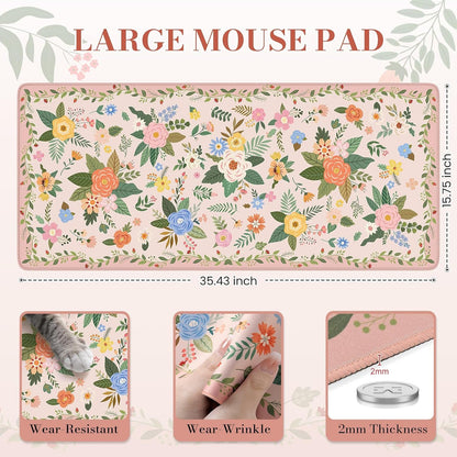 Desk Mat,Mouse Pad for Office Desk,35.4x15.7in,Pink Flowers