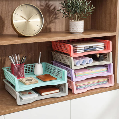 Tenceur 6 Pcs Turn in Trays Classroom, Pastel Paper Tray for Classroom Organization and Storage Stackable Plastic Book Baskets Teacher Organizers for Library Drawers Office Desk