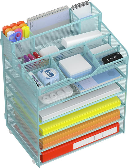 Docnest 5 Tier Mesh Desk Organizer for Paper Office Supplies – Multi-Functional Letter Tray with 5 Adjustable Compartments, 3 Pen Holders, Desktop Storage for Files, Mail, Stationery – Black