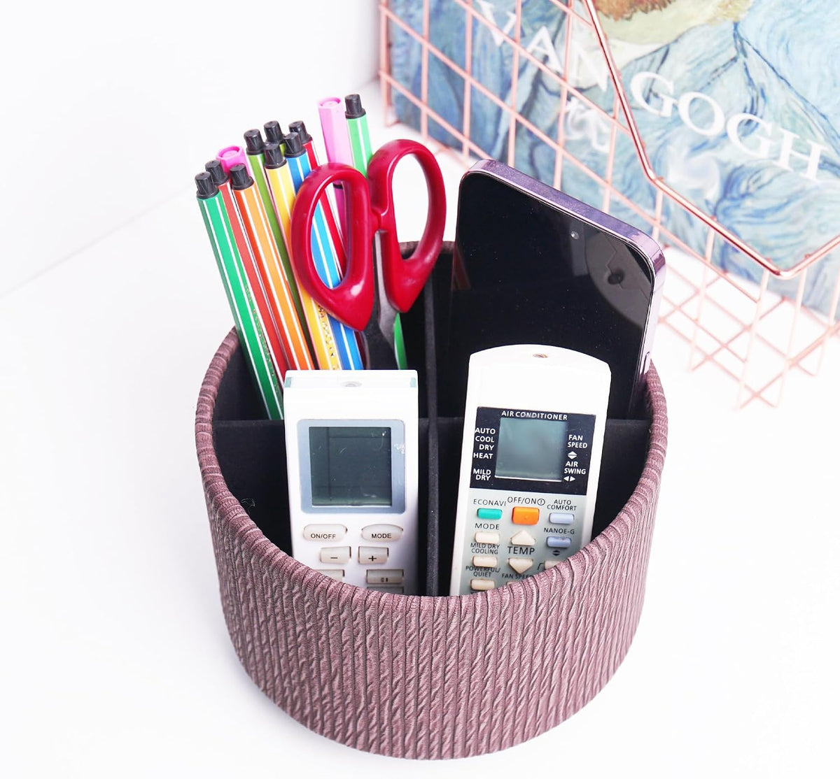 Round Leather Art Supply Organizer,Remote Control Holder,360 Degree Rotating,Multi-Functional Pencil Holder,4 Compartments Desktop Stationary Organizer(1-Blue Bird) - Colors C