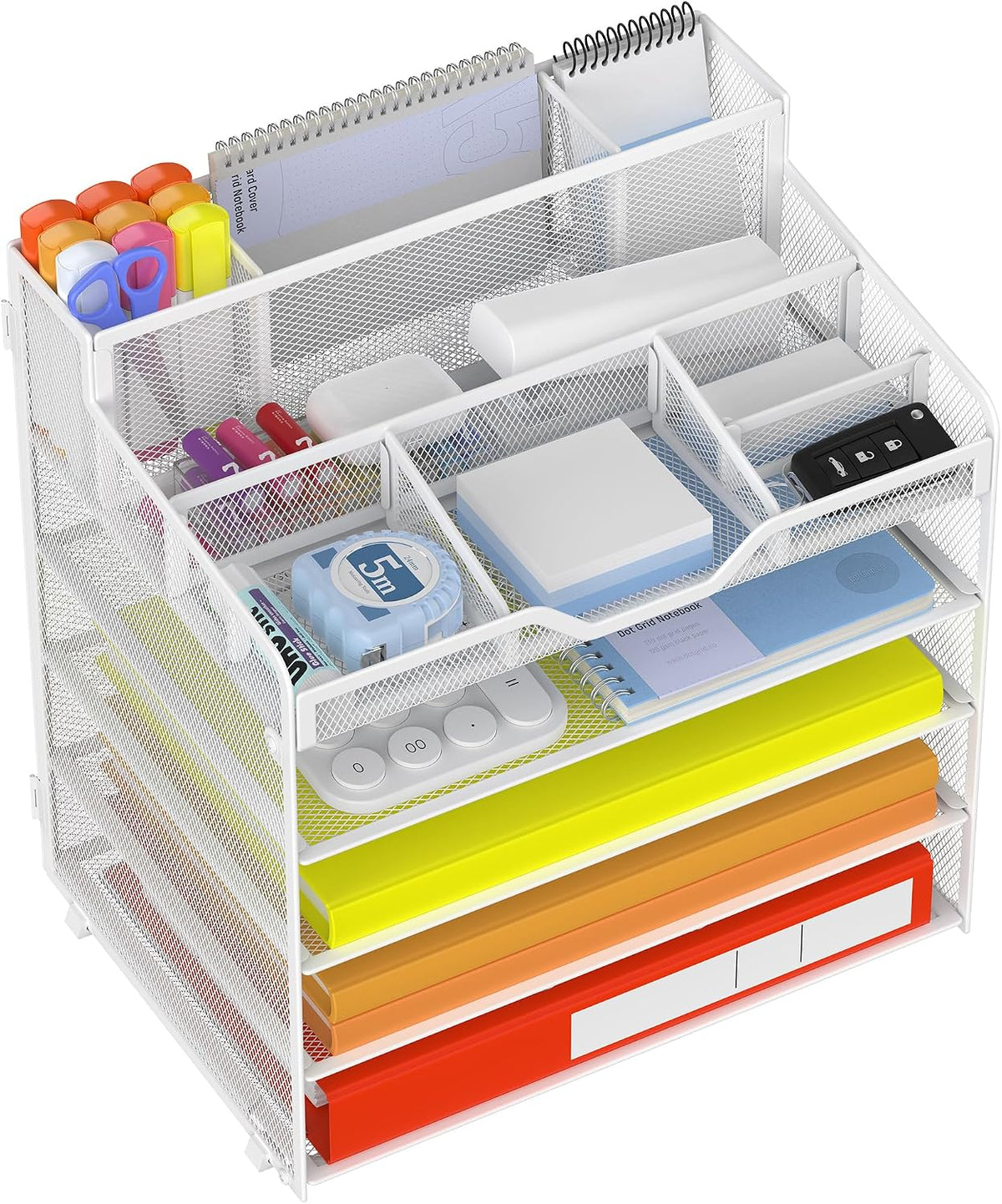 Docnest 5 Tier Mesh Desk Organizer for Paper Office Supplies – Multi-Functional Letter Tray with 5 Adjustable Compartments, 3 Pen Holders, Desktop Storage for Files, Mail, Stationery – Black