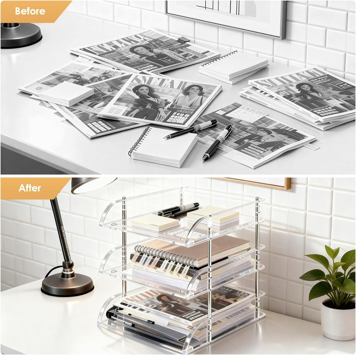 Desk Organizer and Storage,3-Tier File Paper Tray Organizers,Stackable Clear Desktop Organizer for Documents,Book Magazine Storage,Office Supplies (Clear,3 Pack)