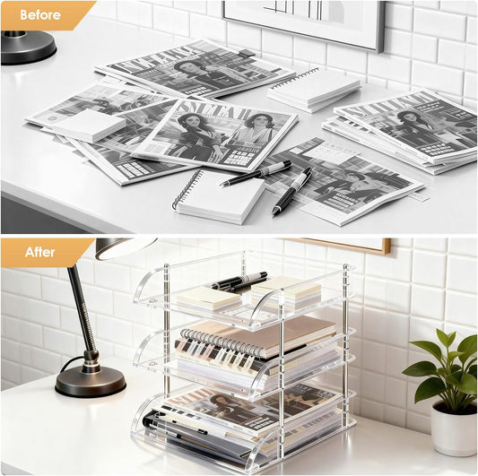 Desk Organizer and Storage,3-Tier File Paper Tray Organizers,Stackable Clear Desktop Organizer for Documents,Book Magazine Storage,Office Supplies (Clear,3 Pack)