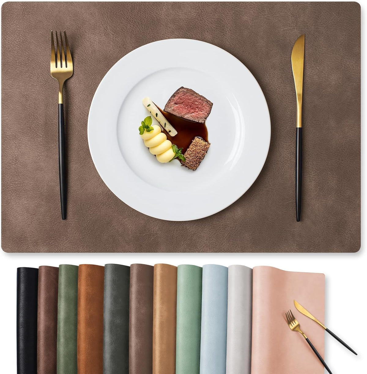 MOSAYT Vinyl Placemats Set of 6-12 X 17 Inch - Faux Leather 100% Waterproof Oil-Proof Wipeable PU Place Mats, Heat Resistant Reversible Table Mats for Kitchen, Dining, Outdoor, Reddish Brown