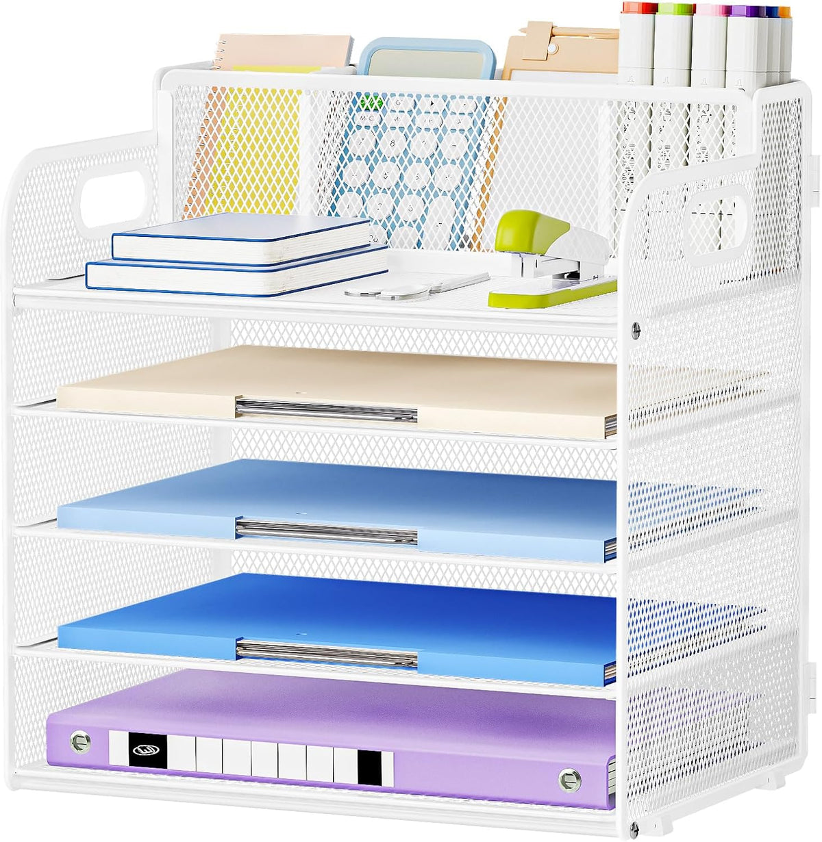 Marbrasse 5 Tier Paper Organizer Letter Tray, Mesh Desk File Organizer with Handle, Paper Sorter Desk Organizer for Home Office Supplies - Black, Adjustable