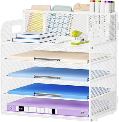 Marbrasse 5 Tier Paper Organizer Letter Tray, Mesh Desk File Organizer with Handle, Paper Sorter Desk Organizer for Home Office Supplies - Black, Adjustable