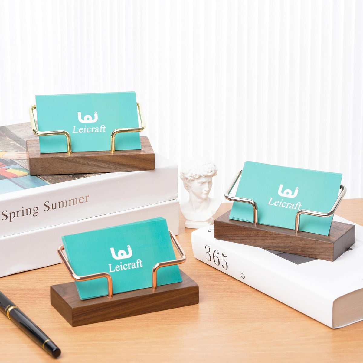 Business Card Holder for Desk, Modern Card Organizers and Office Desk Accessories for Men and Women (Walnut Golden)