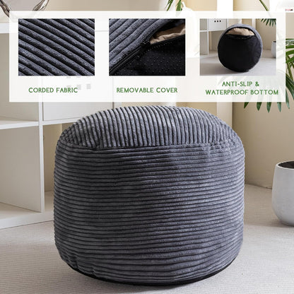 Round Stuffed Pouf Ottoman, Corduroy Poufs with Foam Chunk Filling, Furry and Fluffy Pouf Foot Stool Storage Ottoman, 20 X 15 Floor Poufs Foot Rest for Living Room, Dark Grey