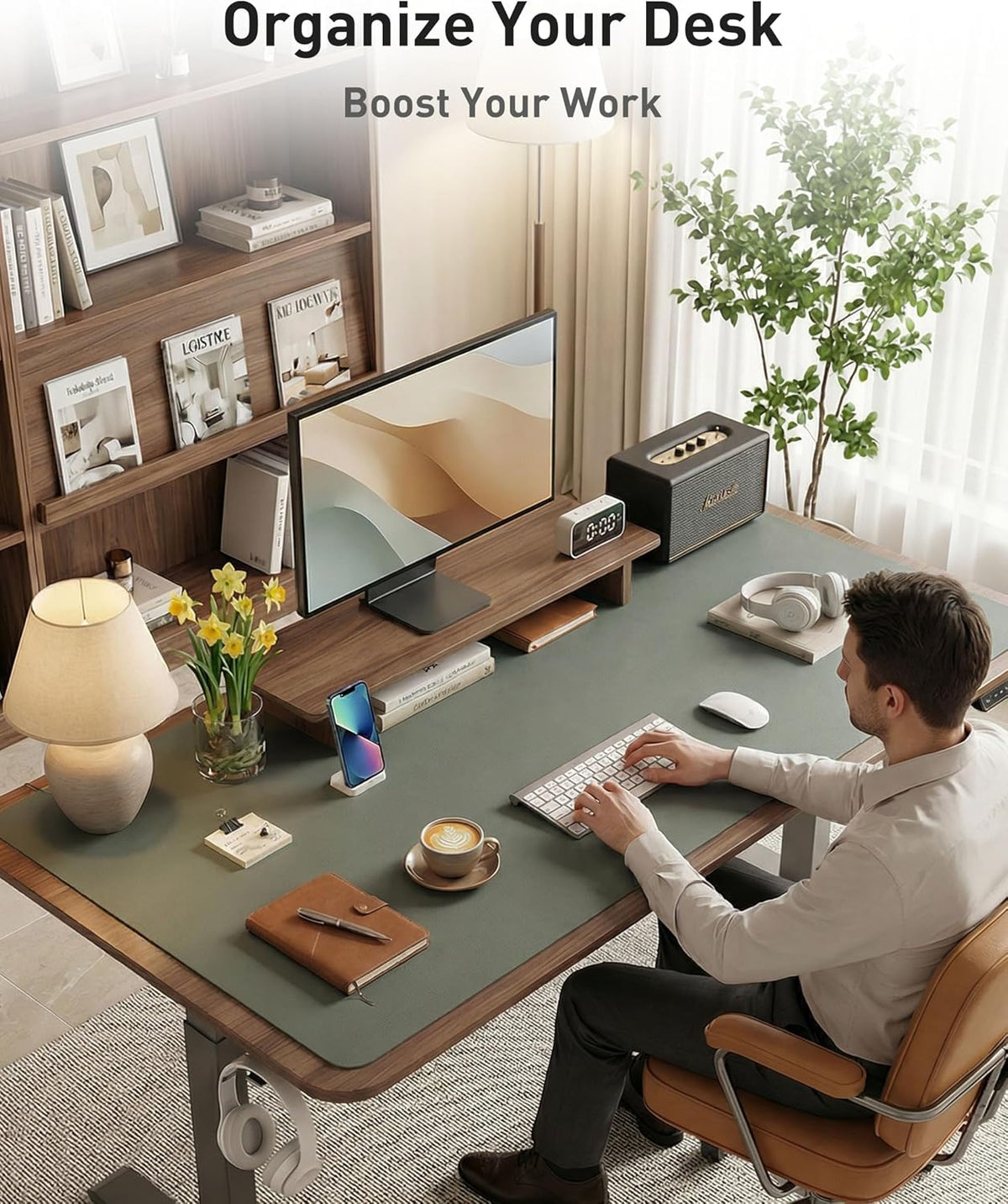 Aothia Leather Office Desk Pad Protector, Non-Slip PU Leather Desk Blotter, Waterproof Laptop Writing Mouse Pad for Office and Home, Black, 31.5" x 15.7" - Colors A