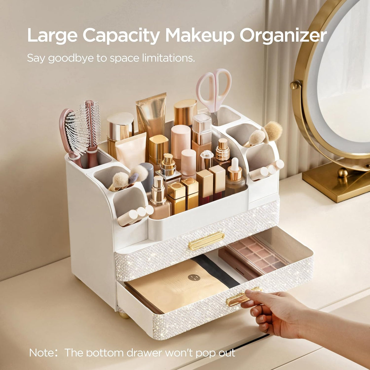 HBlife Makeup Organizer for Vanity with Brush Holder, Large Bathroom Countertop Cosmetic Organizer Skin Care Storage, Easy to Store Lipsticks, Nail Polishes, Perfumes, Eyeshadow Palettes, All White