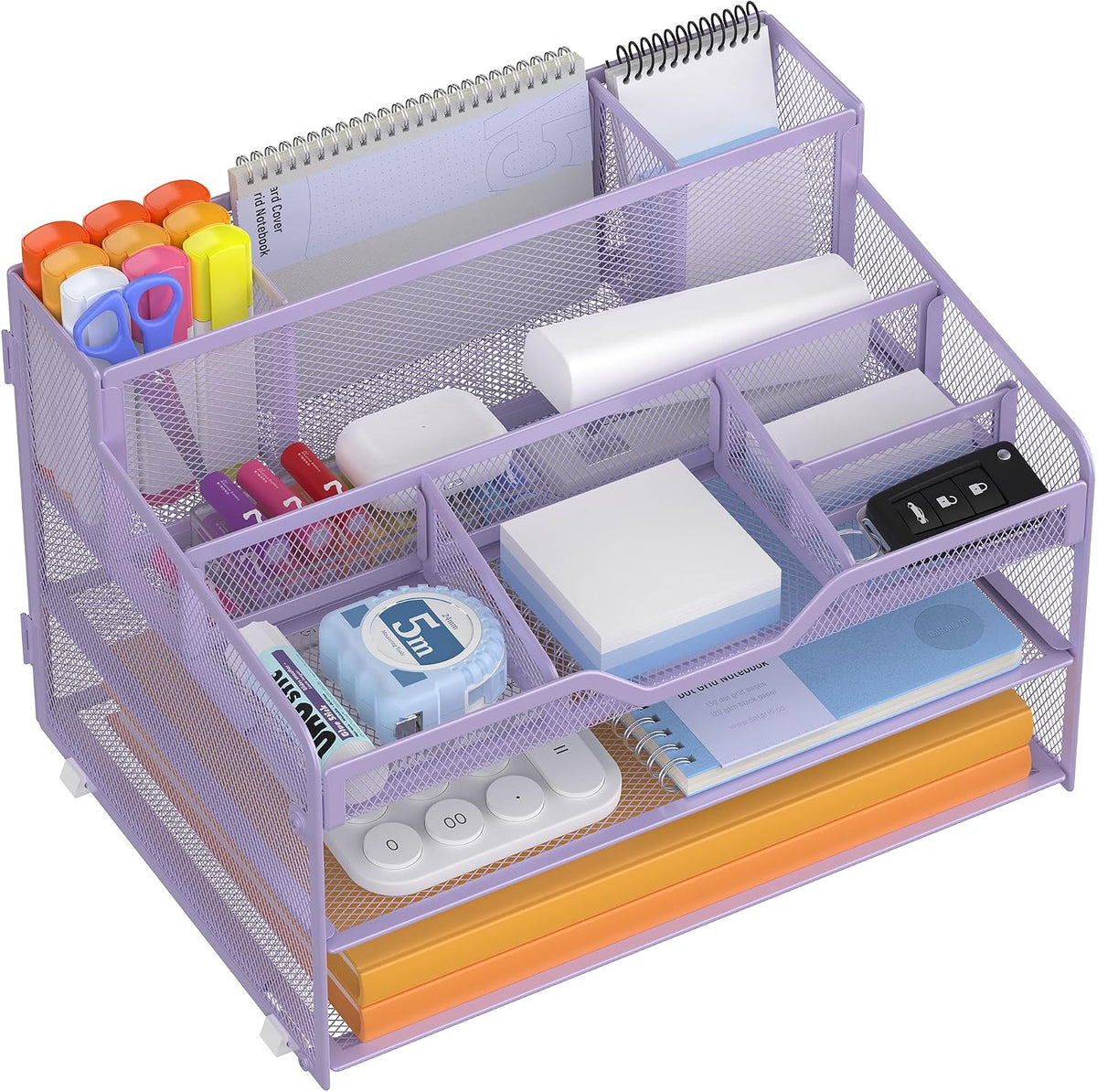 Docnest 5 Tier Mesh Desk Organizer for Paper Office Supplies – Multi-Functional Letter Tray with 5 Adjustable Compartments, 3 Pen Holders, Desktop Storage for Files, Mail, Stationery – Black