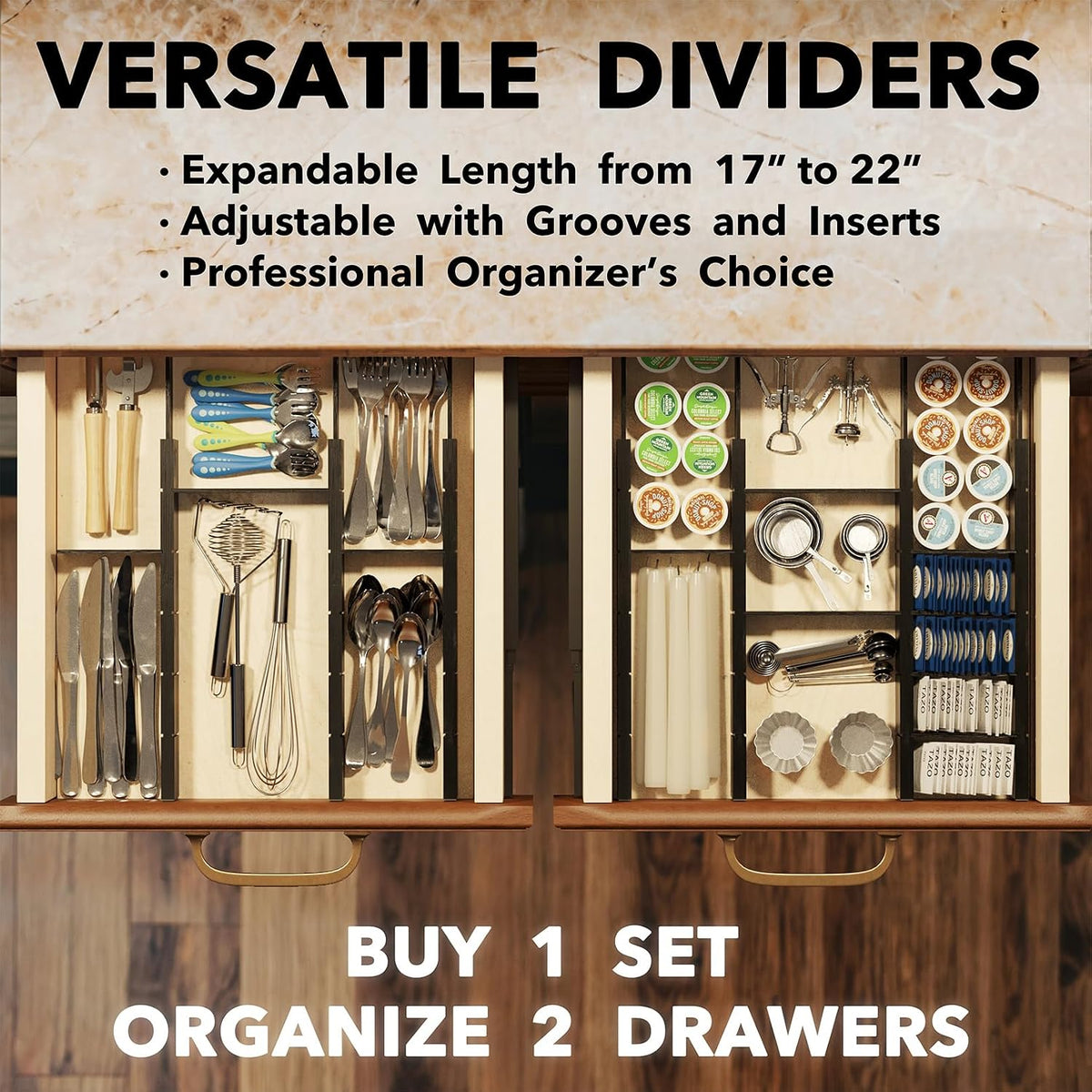 SpaceAid Bamboo Drawer Dividers with Inserts and Labels, Kitchen Adjustable Drawer Organizers, Expandable Organization for Home, Office, Dressers, 4 Dividers with 9 Inserts (17"-22" Natural)