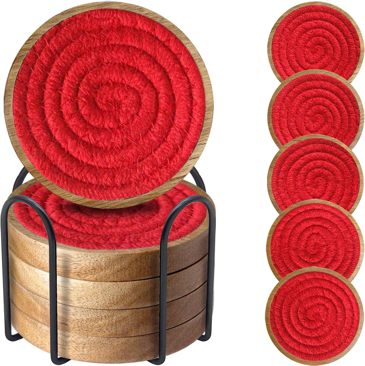 Wood Coasters for Drinks, Eykao Absorbent Coaster Sets of 5, Woven Drink Coasters for Coffee Table, Housewarming Gift for Farmhouse Home Decor,4 inches