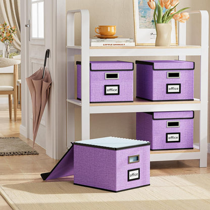 Upgraded Portable File Organizer Box with Lid, Collapsible Linen Hanging Filing Storage Boxes with Plastic Slides, Decorative Home/Office Filing System Box for File and Folders Storage (Gray)