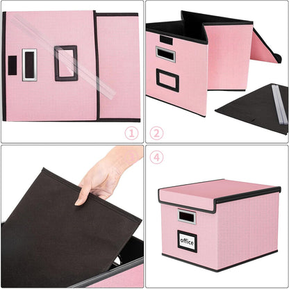 Upgraded Portable File Organizer Box with Lid, Collapsible Linen Hanging Filing Storage Boxes with Plastic Slides, Decorative Home/Office Filing System Box for File and Folders Storage (Gray)