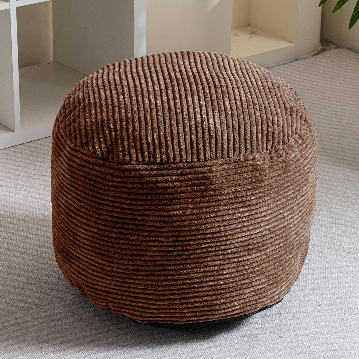 Round Stuffed Pouf Ottoman, Corduroy Poufs with Foam Chunk Filling, Furry and Fluffy Pouf Foot Stool Storage Ottoman, 20 X 15 Floor Poufs Foot Rest for Living Room, Dark Grey