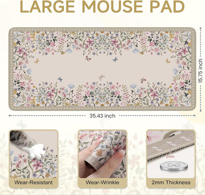 Desk Mat,Mouse Pad for Office Desk,35.4x15.7in,Pink Flowers