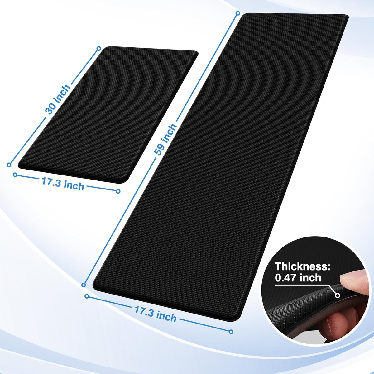 StepRite Kitchen Mats, 2PCS Kitchen Rugs, Cushioned Anti Fatigue Kitchen Mats for Floor, Non-Slip Standing Desk Mat, Waterproof Kitchen Rug Set for Kitchen, Floor, Office, 17.3"x30"+17.3"x47", Black