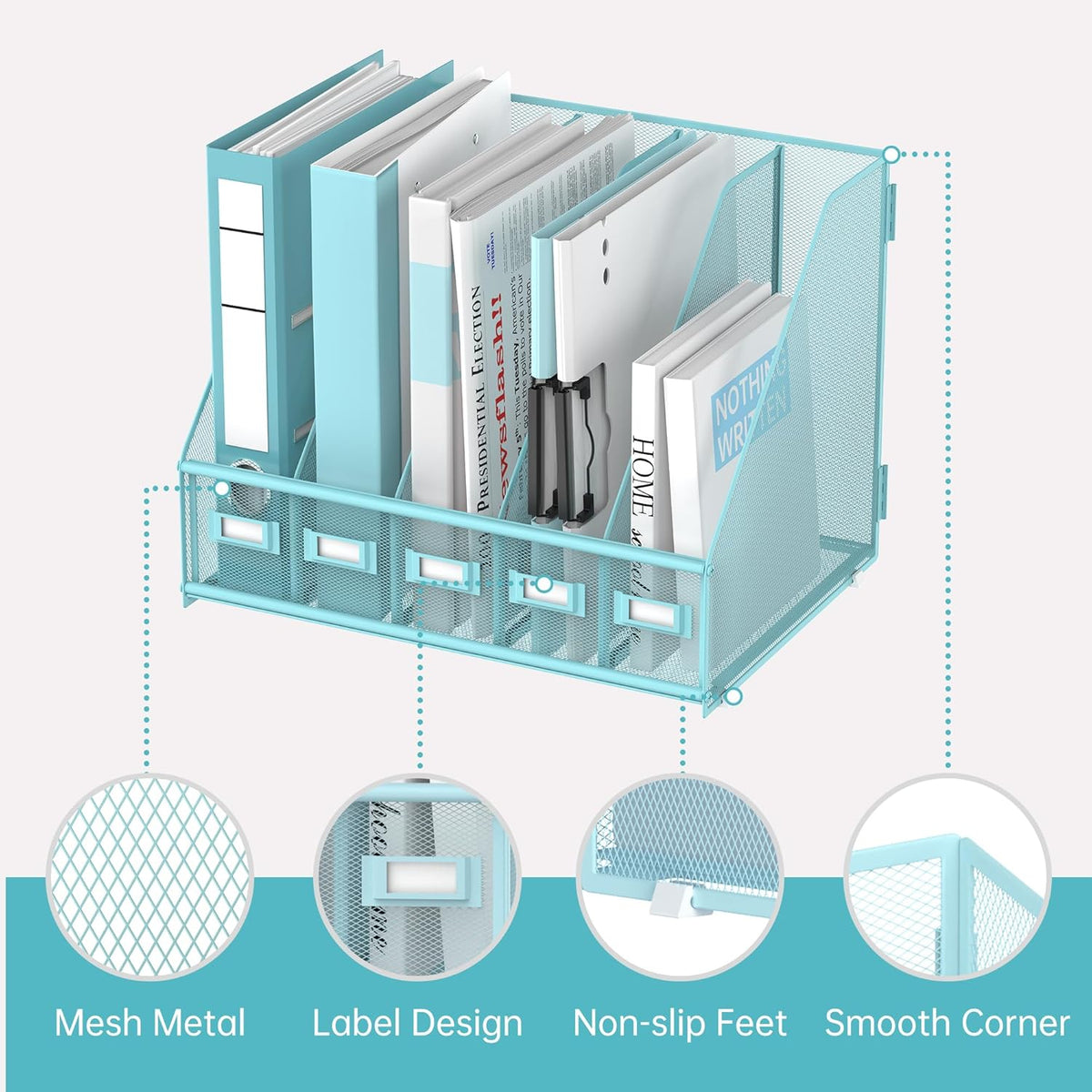 Desk Organizers Metal Desk Magazine File Holder with 5 Vertical Compartments Rack File Organizer for Office Desktop, Classroom, Home Workspace, Black
