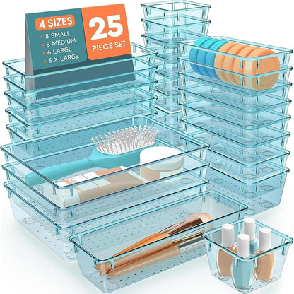 SpaceHacks 25 PCS Plastic Drawer Organizer Set, 4-Size Versatile Organizer Tool Trays & storage Bins for Makeup, Jewelry, and Gadgets in Bathroom, Bedroom and Office,Clear Black