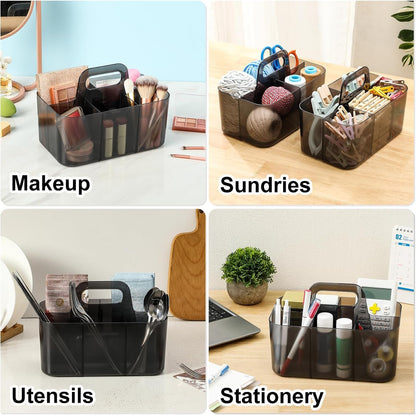 Multiuse Caddy Organizer with Handle, Portable Divided Plastic Tote Bin - Art Craft, Stationary Pen Marker Crayons, Makeup Hair Supplies Storage - Bathroom, Classroom, Dorm, Office, Desk Holder -Black