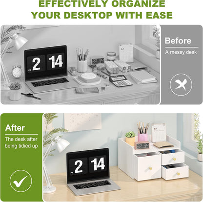 Bamboo Desk Organizer with Drawers Wooden Desktop Storage Drawers (1, Black 3 Drawer)