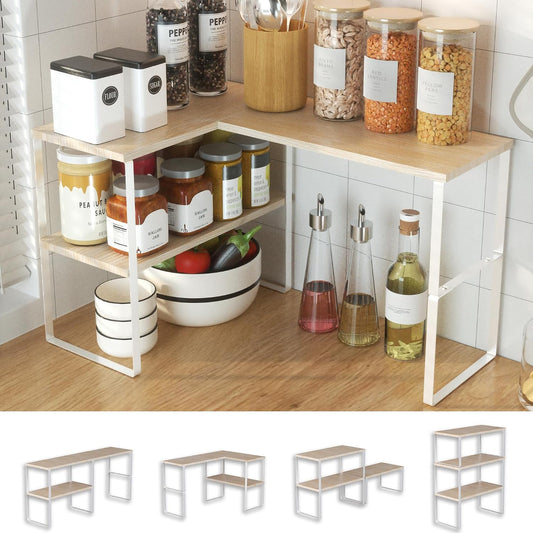 Corner Shelf Countertop Organizer - Set of 2 Corner Shelves for Kitchen Cabinet Organizer, Spice Rack, Stackable Bathroom Stand and Storage, Sink Rack, Corner Cabinet, Counter Decor, Natural Beige