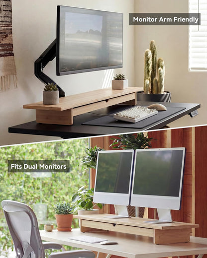 Bamboo Monitor Stand with Large Storage Drawer,23 Inch Ergonomic Computer Riser for Desk, Holds Up to 220lbs, Screen Shelf with 5 Compartments for Keyboard & Stationery Organization